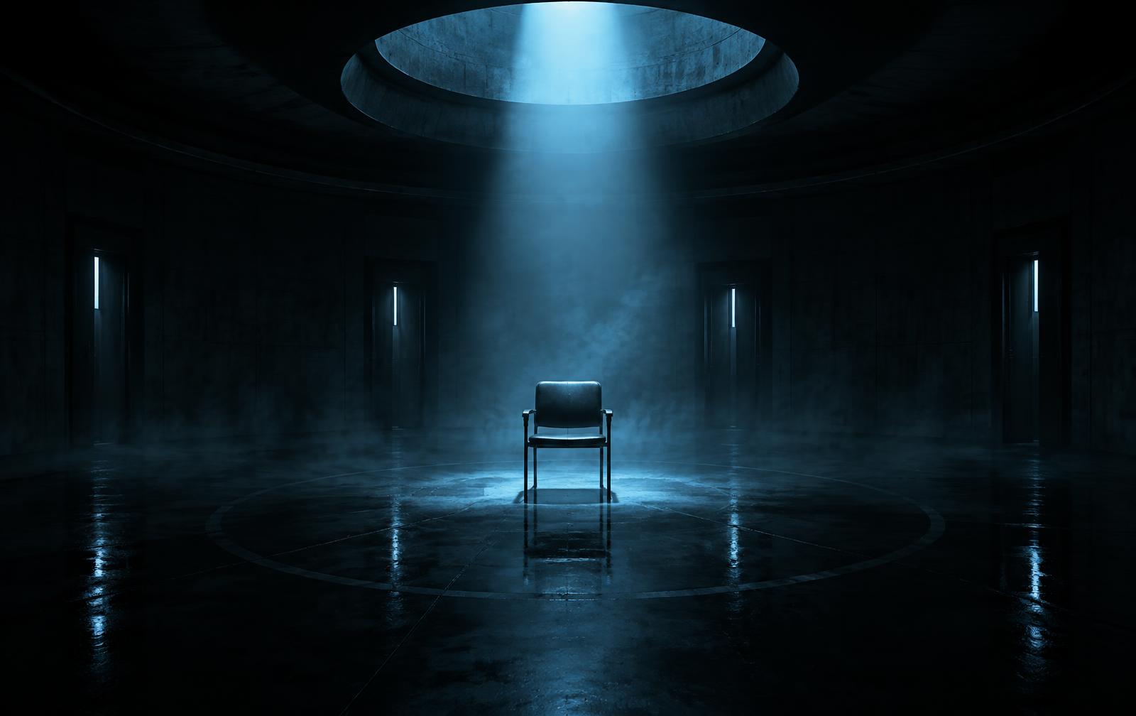 A single chair under a cone of pale blue light in a circular dark room