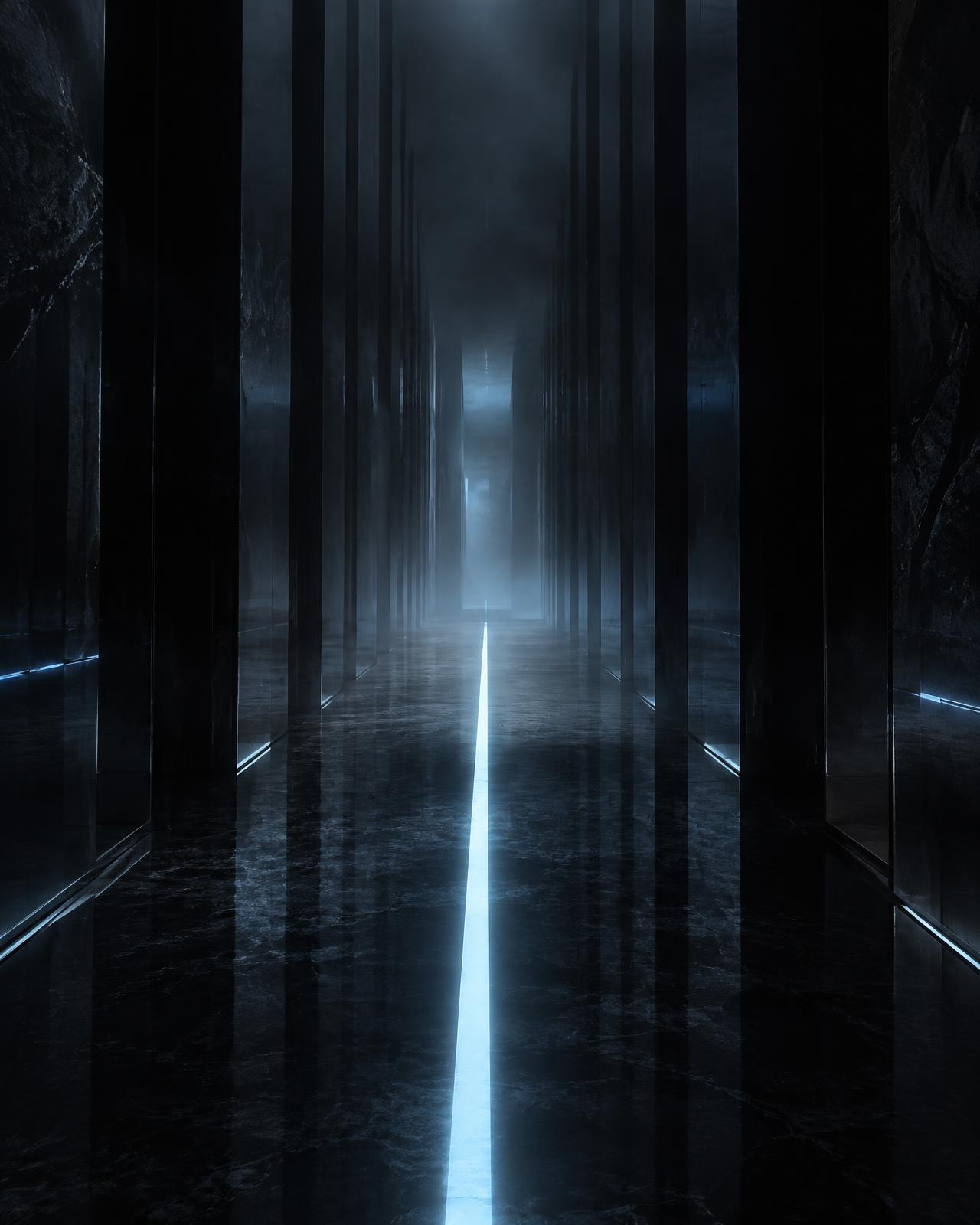 A dark corridor of black glass panels with a single pale blue light strip
