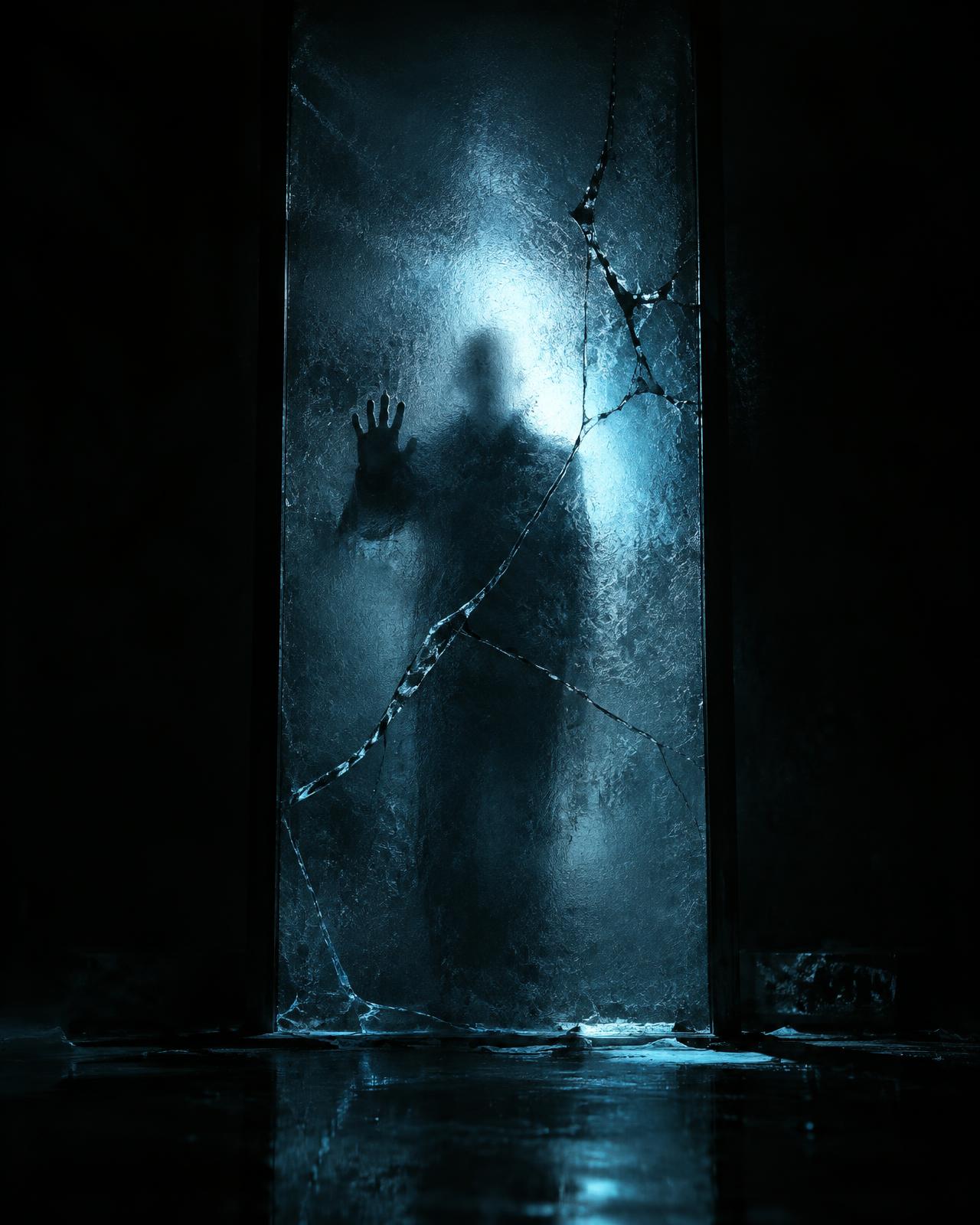 A faint human-shaped shadow behind a wall of cracked, backlit glass