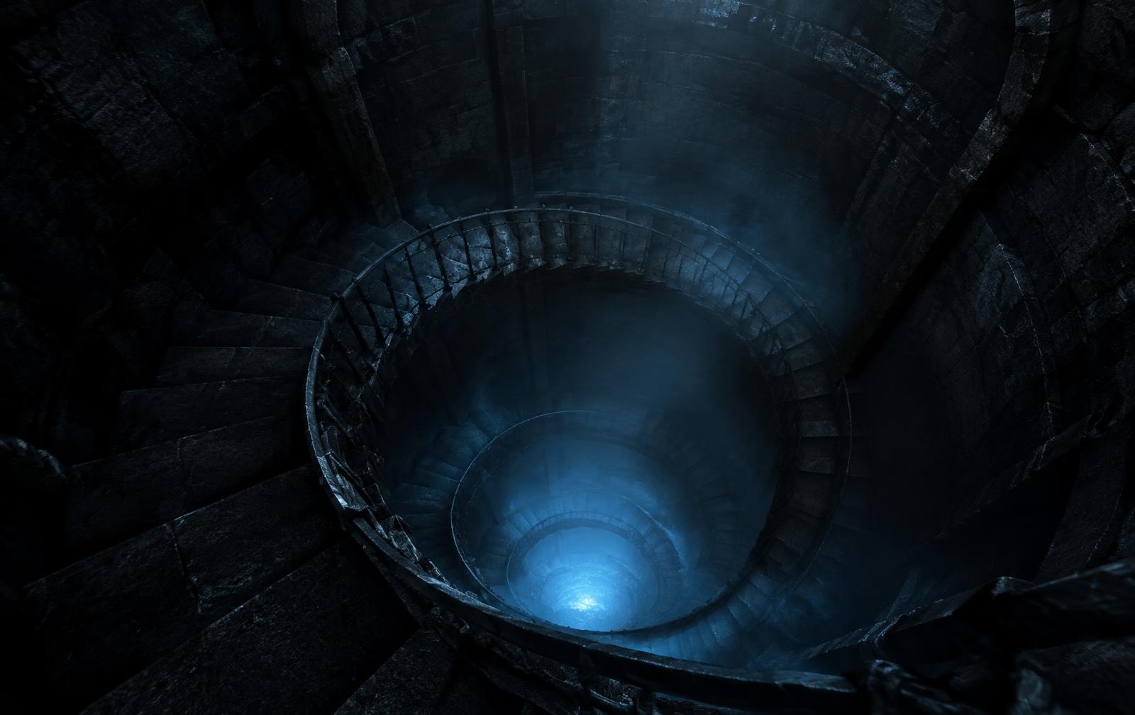 A spiral staircase descending into darkness with pale blue light rising from below